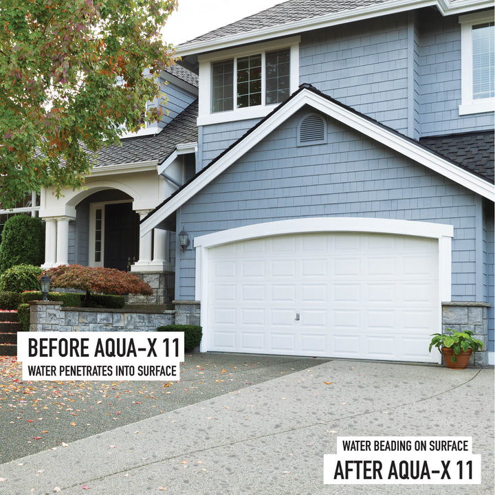 Photo shows product demonstration of a blue house with a large driveway in front of a white garage. The left side of the driveway is dark and wet from rain while the right side is light and dry because it has been sealed and protected. 