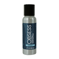 Silver 2.7 oz bottle with black pop up dispenser lid and blue label saying "OBSESS moisturizing hand sanitizer fresh laundry"